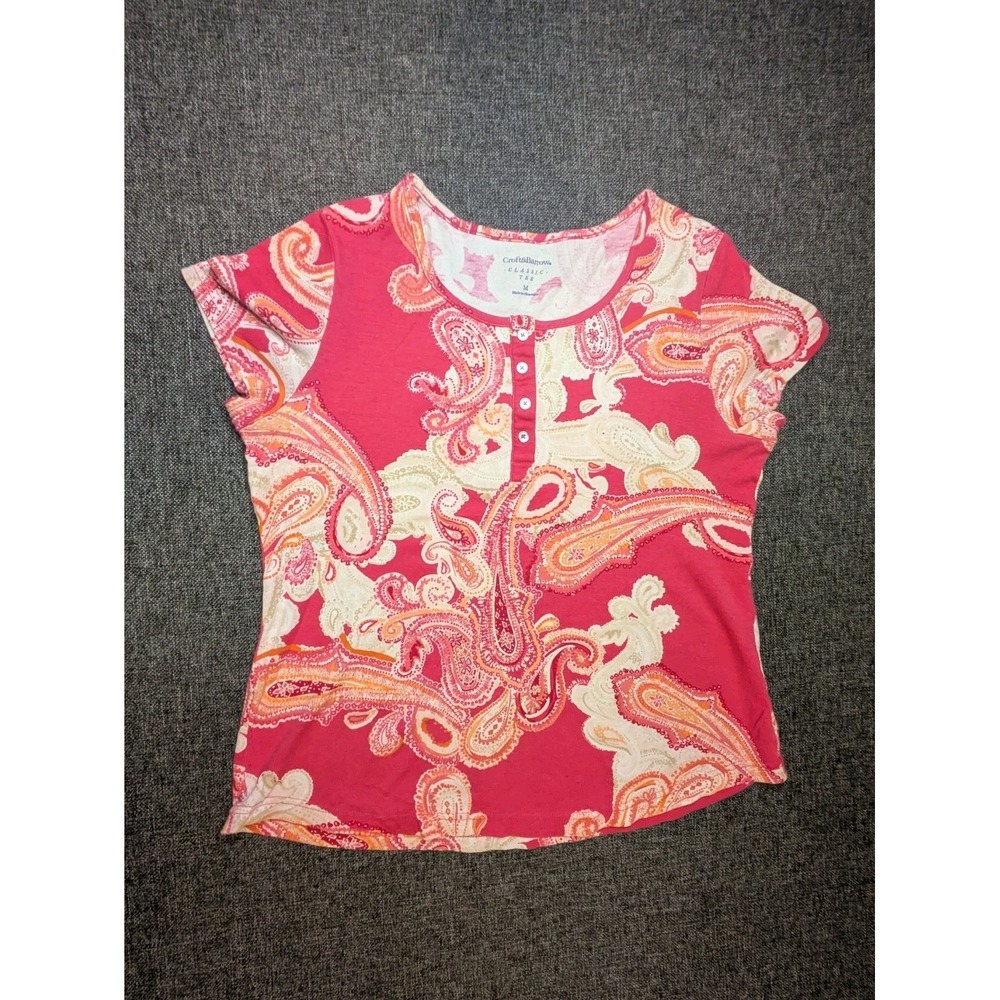 Croft & Barrow Womens Medium Abstract Classic Tee Blouse Multicolor Button Shirt